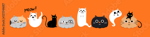 Halloween pet cartoon character. Cute cat ghost and pumpkin in kitten costume. - Vector