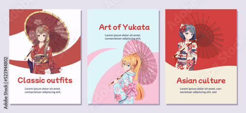 Poster flyer anime manga girls in kimono holding umbrella