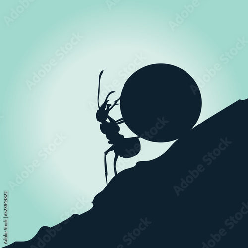Ant pushes a big rock up a hill in silhouette illustration
