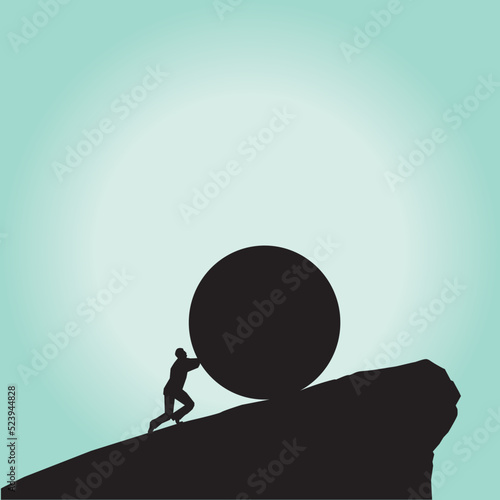 Man uses his strength to push a big rock up the steep hillside in a silhouette illustration