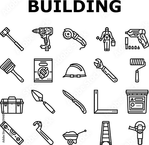 building tool hammer repair drill icons set vector