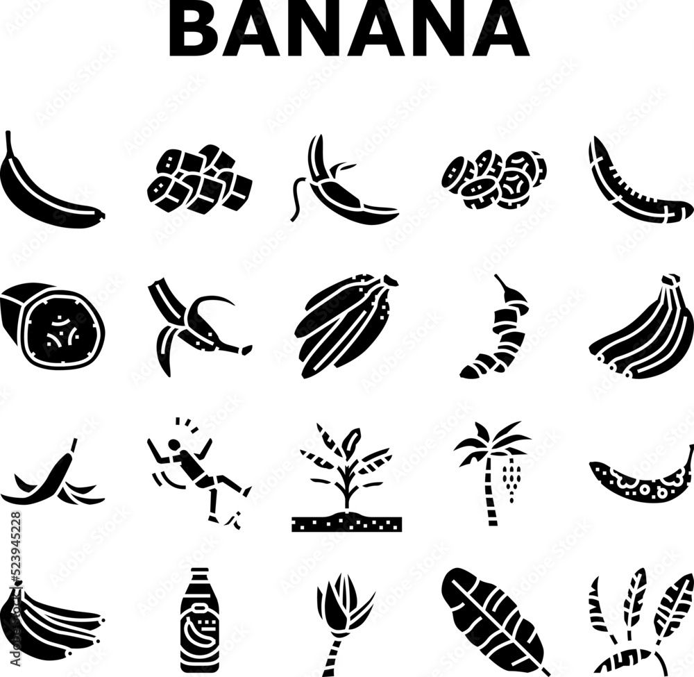 banana fruit food yellow white icons set vector