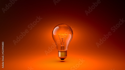 3D Glowing Lightbulb Isolated Isolated on the Middle of the Composition, on Dark Orange Gradient Background