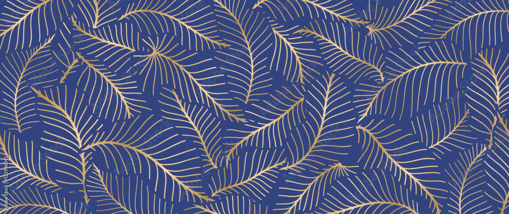 Abstract foliage line art vector background. Luxury gold wallpaper of blue tropical leaves and tree in hand drawn pattern. Elegant line art of summer jungle for banner, prints, decoration, fabric.