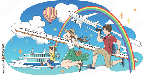 乗り物と旅行に出かける家族