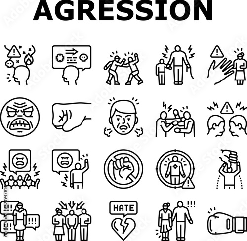 violence first aggressive hand icons set vector