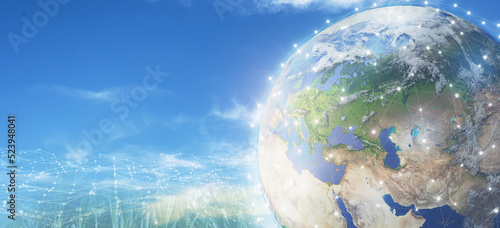 Fototapeta Naklejka Na Ścianę i Meble -  Earth view or Global Sphere network structure on blue sky background. technology Planet and communication. Future eco-technology world 3D illustration. ecology concept