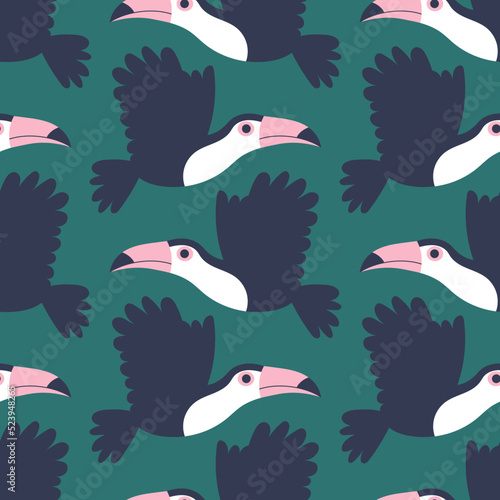 Cartoon toucan birds regular seamless pattern vector. Funny minimalist tropical birds on green jungle background. Simple animal surface design with tropical birds vector photo
