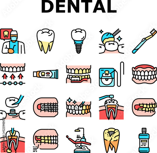 dental care dentist tooth implant icons set vector