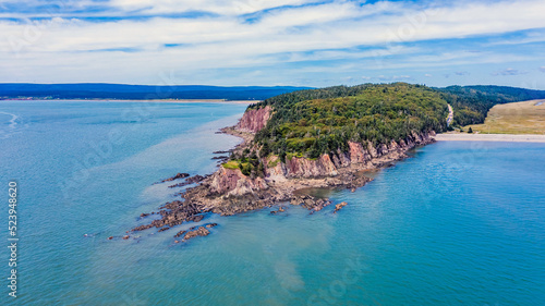 Drone view of Green Island in Canada. Island Aerial View. Beach Island. Blue Water Island.