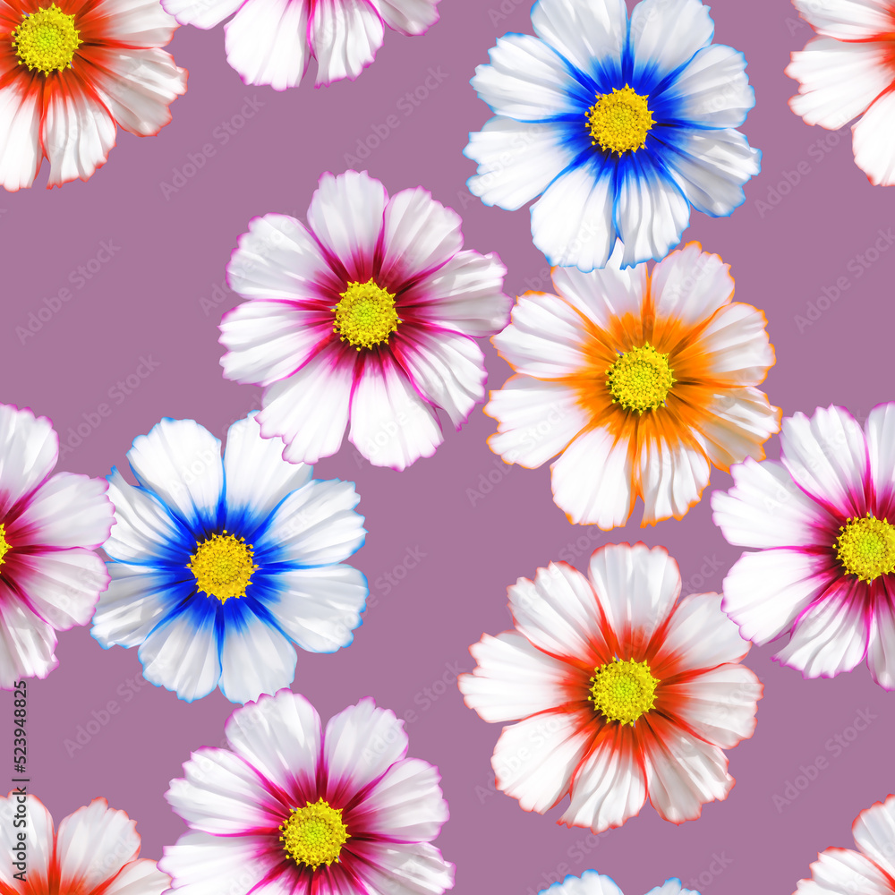 Cosmos, kosmeya. Illustration, texture of flowers. Seamless pattern for continuous replication. Floral background, photo collage for textile, cotton fabric. For wallpaper, covers, print.