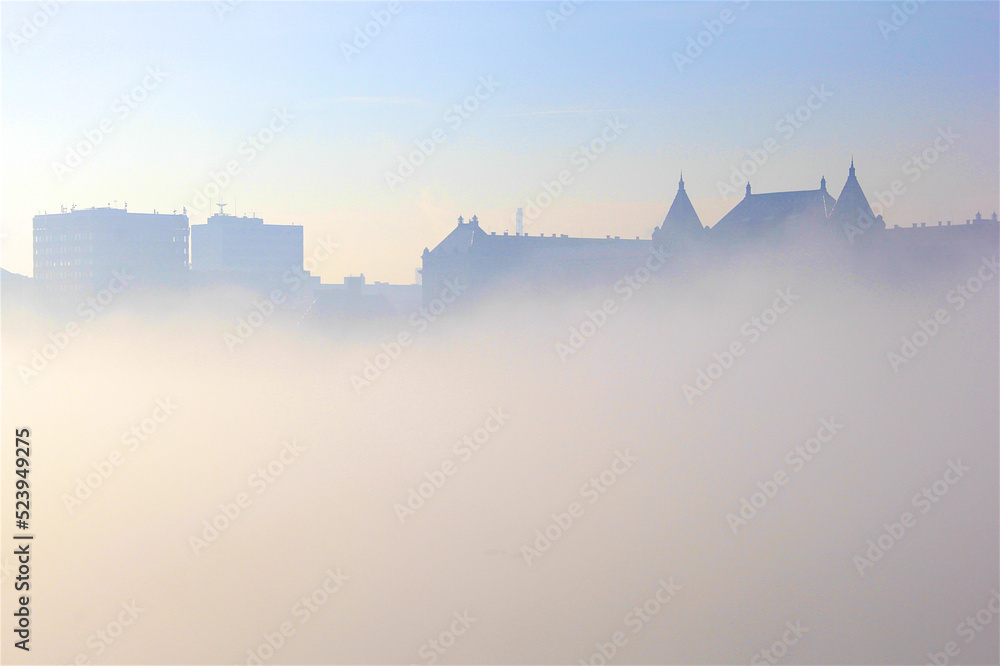 Danube River near Budapest in early morning fog