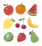 set of fruits, berries, apple, banana, cherry, watermelon, lemon 