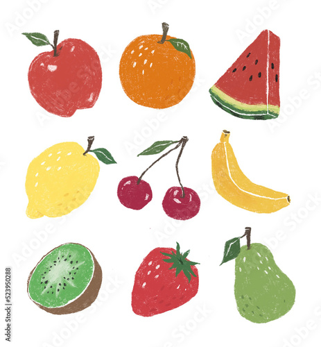 set of fruits, berries, apple, banana, cherry, watermelon, lemon 
