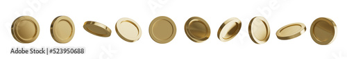 3D render Set of golden coin in different shape isolated on white background. Symbol of gold and wealth. 3d illustration 