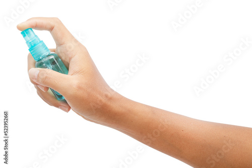 Hand holding spray bottle.