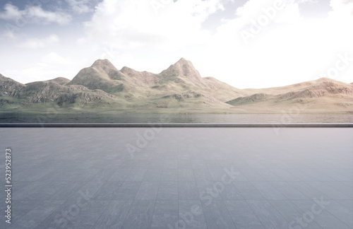 Empty concrete floor with mountain and cloudy sky lake view. 3D rendering background for car park. © MIRROR IMAGE STUDIO