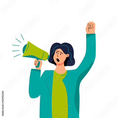 Female person with megaphone for voting, demonstration, presidential election, No War protest. Vector illustration.