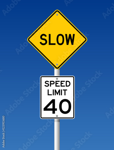 isolated slow speed warning sign, symbol on yellow round square on white color background element for road board, label, banner etc.