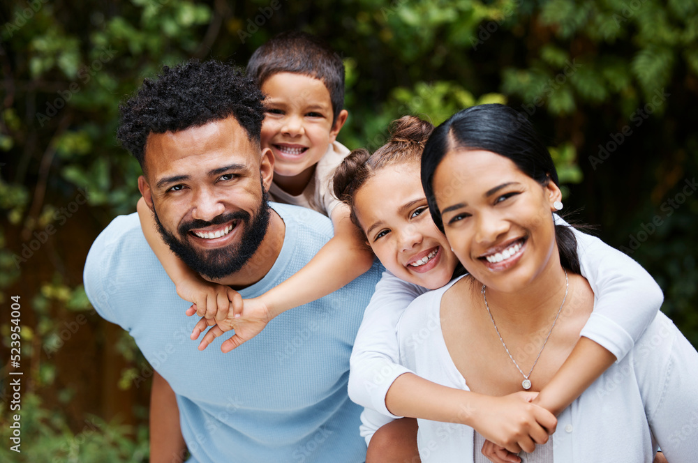 Happy, carefree and fun family playing, bonding and enjoying a day in a nature park together on the weekend in summer. Portrait of the faces of cheerful, caring and loving children hugging parents Happy, carefree and fun family playing, bonding and enjoying a day in a nature park together on the weekend in summer. Portrait of the faces of cheerful, caring and loving children hugging parents