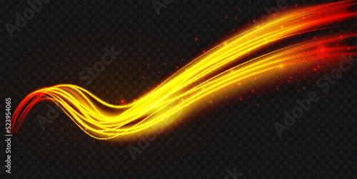 Luminous neon shape wave, abstract light effect vector illustration. Wavy glowing fire gold orange bright flowing curve lines, magic glow energy motion particle isolated transparent black background.