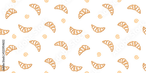 Decorative croissants and small spirals on a white background. Endless texture with French pastry. Vector seamless pattern for bakery design, store, cafe, packaging, wrapper, surface texture and print