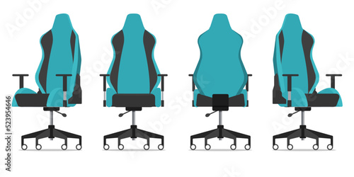 Gaming chair or office chair from various points of view. Ergonomic chair in front view, rear view, side view. Furniture icon for Interior design in flat design. 