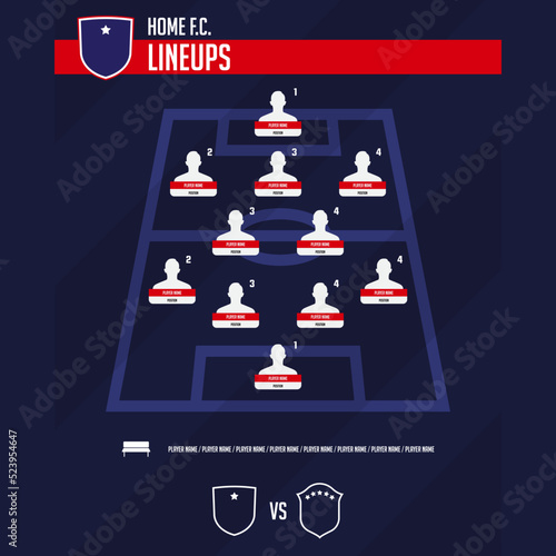 Football team formation, starting list or lineups infographic template. Set of football player position on soccer field.  Football kit, soccer jersey icon in flat design.