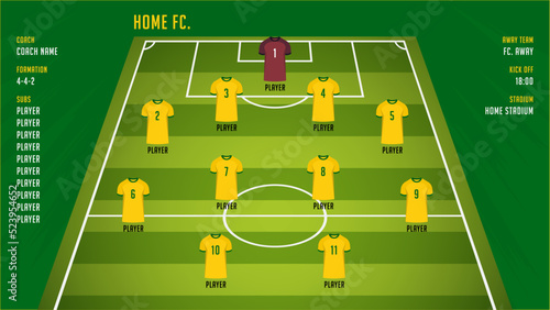 Football team formation, starting list or lineups infographic template. Set of football player position on soccer field.  Football kit, soccer jersey icon in flat design.