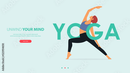 Woman does yoga pose or asana posture with YOGA word. Exercise, workout for yoga anywhere concept.
Landing page template of yoga center, studio or yoga online class in flat design.