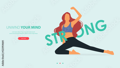 Woman does yoga pose or asana posture with STRONG word. Exercise, workout for yoga anywhere concept. Landing page template of yoga center, studio or yoga online class in flat design .