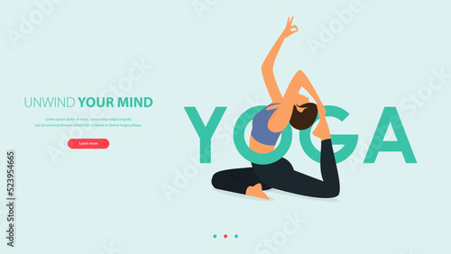 Woman does yoga pose or asana posture with YOGA word. Exercise, workout for yoga anywhere concept.
Landing page template of yoga center, studio or yoga online class in flat design .