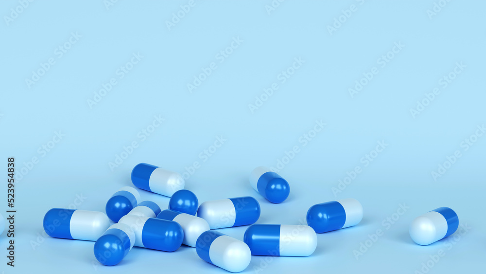 Falling antibiotic capsules out of the pill bottle, medical concept. 3D rendering. Falling antibiotic capsules out of the pill bottle, medical concept. 3D rendering.