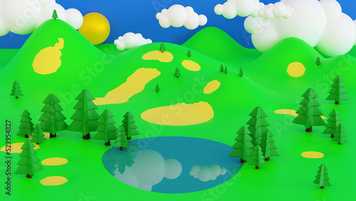 Cartoon Spring summer rural landscape  meadow and mountain with blue sky and cloud  for banner  poster background  3D rendering.