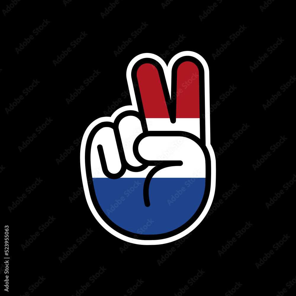 Obraz premium Hand gesture V sign of victory or peace line icon flag of Netherlands. Simple outline style for apps and websites.