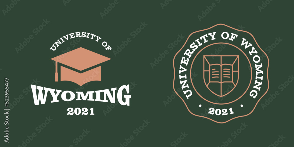 Wyoming slogan typography graphics for t-shirt. University print and logo for apparel. T-shirt design with shield and graduate hat. Vector illustration.