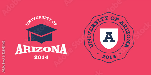 Arizona slogan typography graphics for t-shirt. University print and logo for apparel. T-shirt design with shield and graduate hat. Vector illustration.