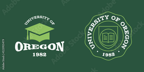 Oregon slogan typography graphics for t-shirt. University print and logo for apparel. T-shirt design with shield and graduate hat. Vector illustration. photo