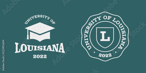 Louisiana slogan typography graphics for t-shirt. University print and logo for apparel. T-shirt design with shield and graduate hat. Vector illustration. photo