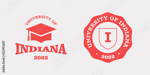 Indiana slogan typography graphics for t-shirt. University print and logo for apparel. T-shirt design with shield and graduate hat. Vector illustration.