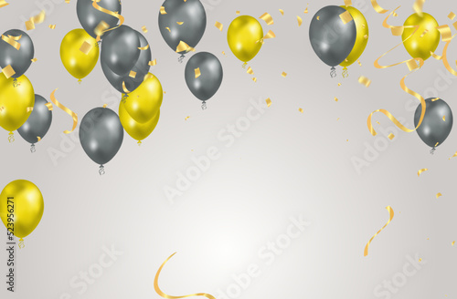 balloon gray and yellow background. Flying colorful balloons birthday party decoration. Anniversary celebration card, fun carnival holiday joy surprise group banner vector template