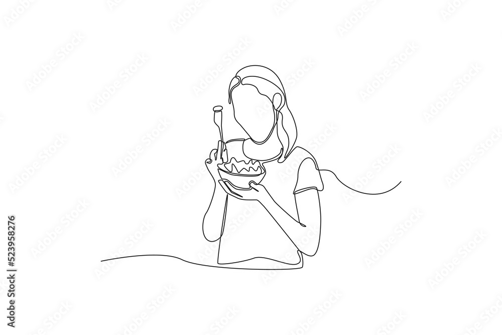 Single one line drawing young girl fresh eating salad in bowl. World food day concept. Continuous line draw design graphic vector illustration. Single one line drawing young girl fresh eating salad in bowl. World food day concept. Continuous line draw design graphic vector illustration.
