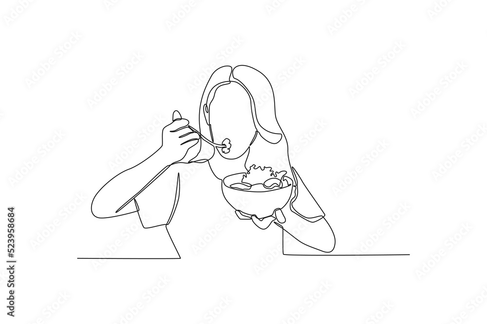 Single one line drawing young happy woman eating vegetarian food. World food day concept. Continuous line draw design graphic vector illustration. Single one line drawing young happy woman eating vegetarian food. World food day concept. Continuous line draw design graphic vector illustration.