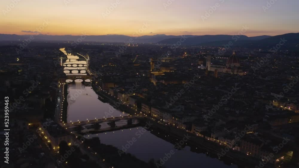 Florence, Italy at Sunset from Above Piazzale Michelangelo. Aerial Backward Moving Shot Florence, Italy at Sunset from Above Piazzale Michelangelo. Aerial Backward Moving Shot