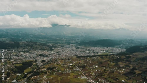 Otavalo City Against Cloudy Sky In Ecuador - aerial panoramic 