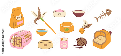 Pet toys and food. Cats bowls, teasers, carrier and other accesories. Cute vector illustration
