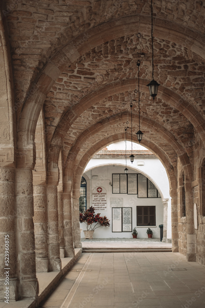 Beautiful old ancient arch with lanterns of St.Lazarus church in Larnaca