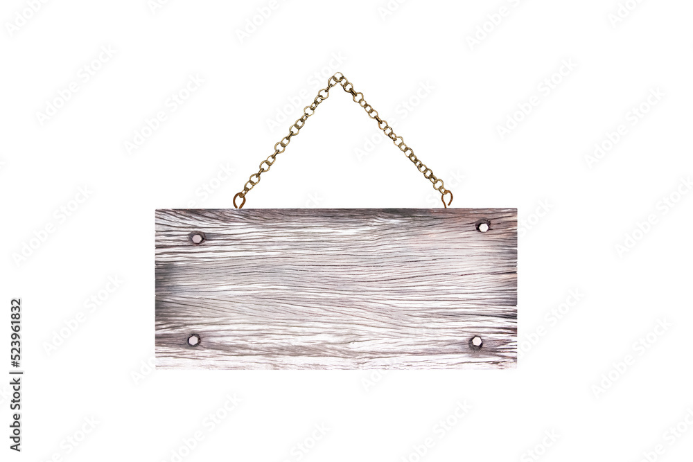 Blank wood sign frame with nail and rusty metal chain hanging isolated on white background , clipping path Blank wood sign frame with nail and rusty metal chain hanging isolated on white background , clipping path