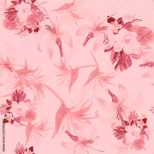 Pink Seamless Leaf. Blur Pattern Vintage. Coral Tropical Design. Brown Flower Vintage. Gray Watercolor Design. Decoration Foliage. Drawing Design.