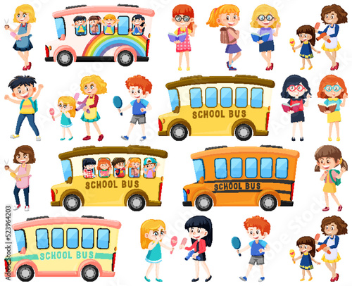 Set of cute school kids cartoon characters